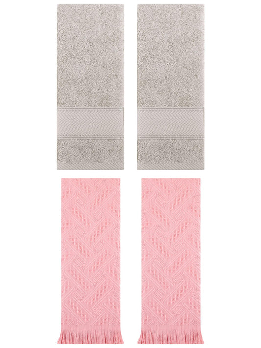 Unique Bargains Sold Striped Cotton Hand Towels 4 Pcs Light Brown/Pink 14" x 30"/13" x 29"