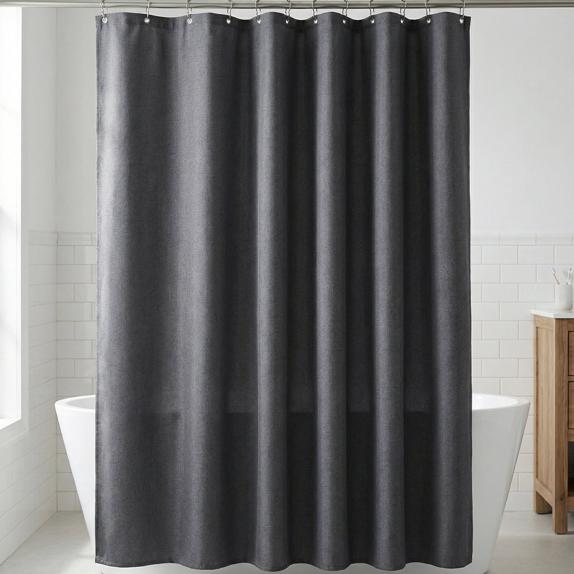 Unique Bargains Solid Color Linen-Like Shower Curtain with Hooks Grey 71"W x 71"L