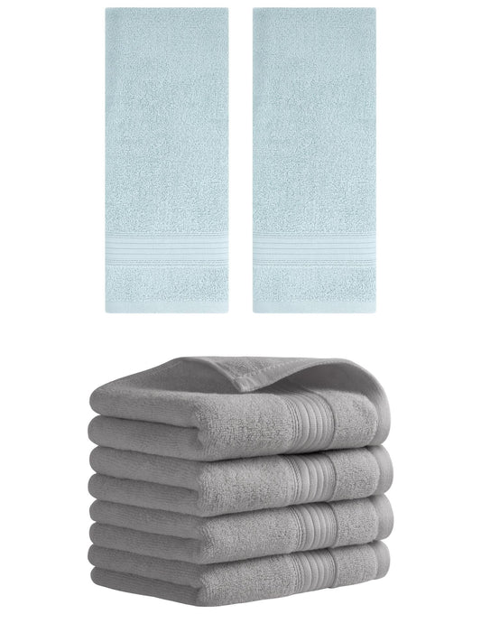 Unique Bargains Solid Striped Cotton Hand Towel Set 13" x 29" Blue/Grey 6 Pack