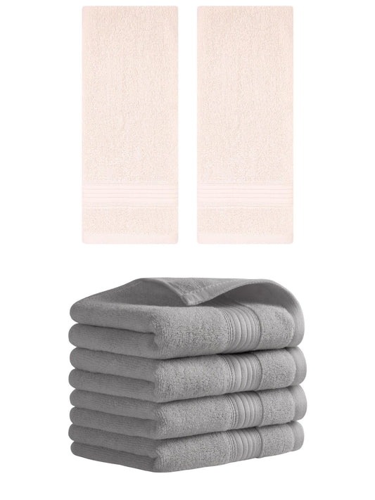 Unique Bargains Solid Striped Cotton Hand Towel Set 13" x 29" Grey/Pink 6 Pack
