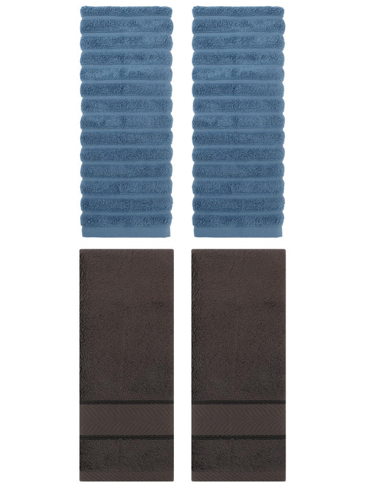 Unique Bargains Striped Cotton Hand Towel 14" x 30" 4 Pcs Blue/Dark Brown
