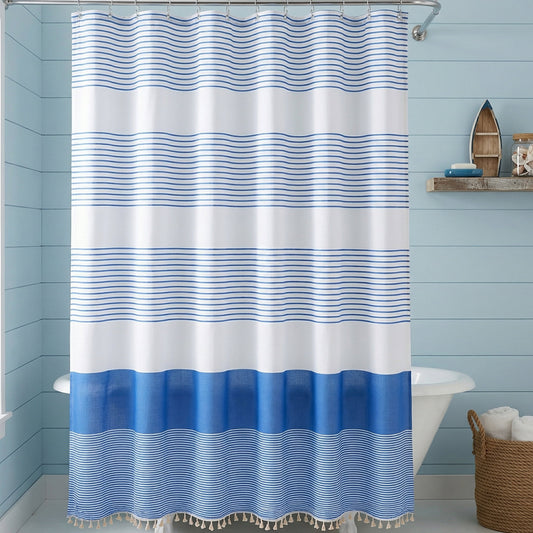 Unique Bargains Striped Waterproof Shower Curtain Sets with 12 Hooks Blue 72"W x 72"L
