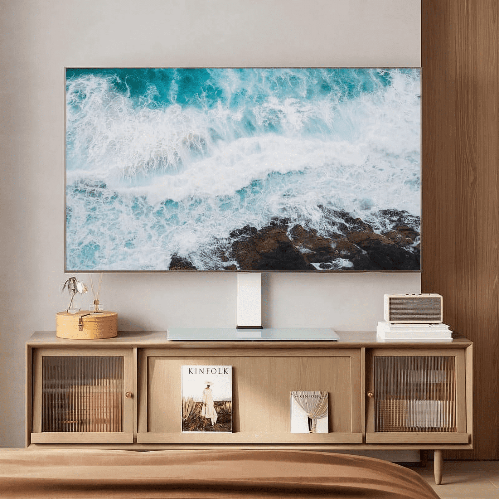 Universal Table Top TV Stand for 50-85 Inch TVs, Height Adjustable and Swivel with Tempered Glass Base Hold up to 110 lbs, White