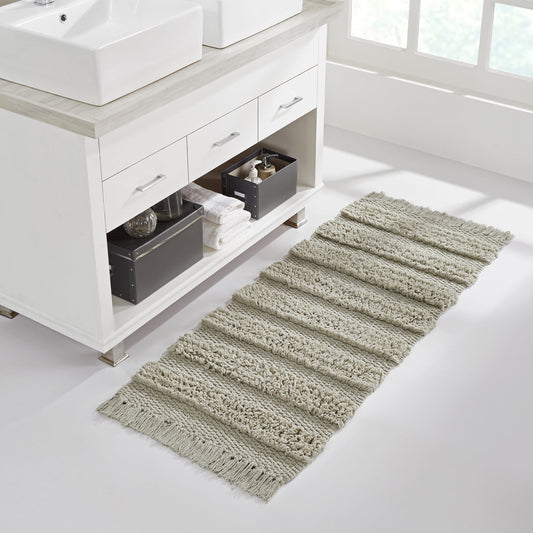 VCNY Home Savannah Fringe Taupe Stripe Cotton Blend Bath Runner Rug, 24" x 60"