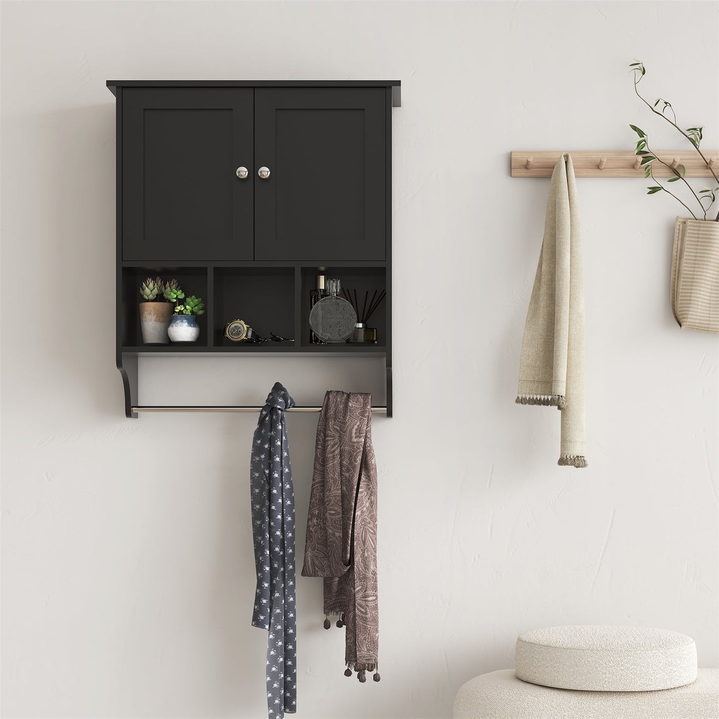 Vastcury 27.5" Bathroom Wall Cabinet, Over the Toilet Storage Medicine Cabinet with 2 Door Cupboard, Adjustable Shelf and Towels Bar, Black
