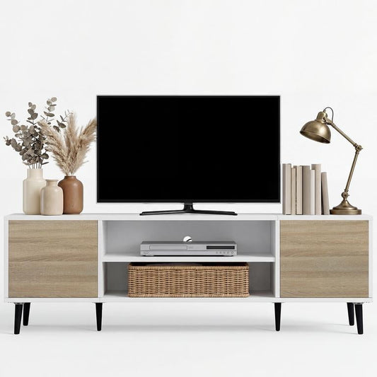 Vineego TV Stand for 65 Inch TV with 2 Push-to-Open Doors, Mid-Century Modern Media Console with Open Shelves, Entertainment Center for Living Room Bedroom, Beige & White