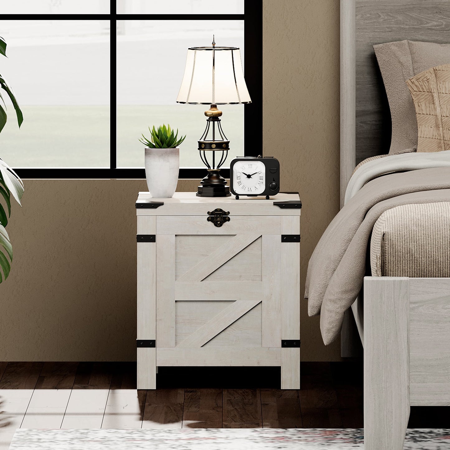 WAMPAT Lift Top End Table,Nightstand with Rustic Lock and Storage Cabinet for Small Spaces,Side Table for Living Room and Bedroom, Antique White