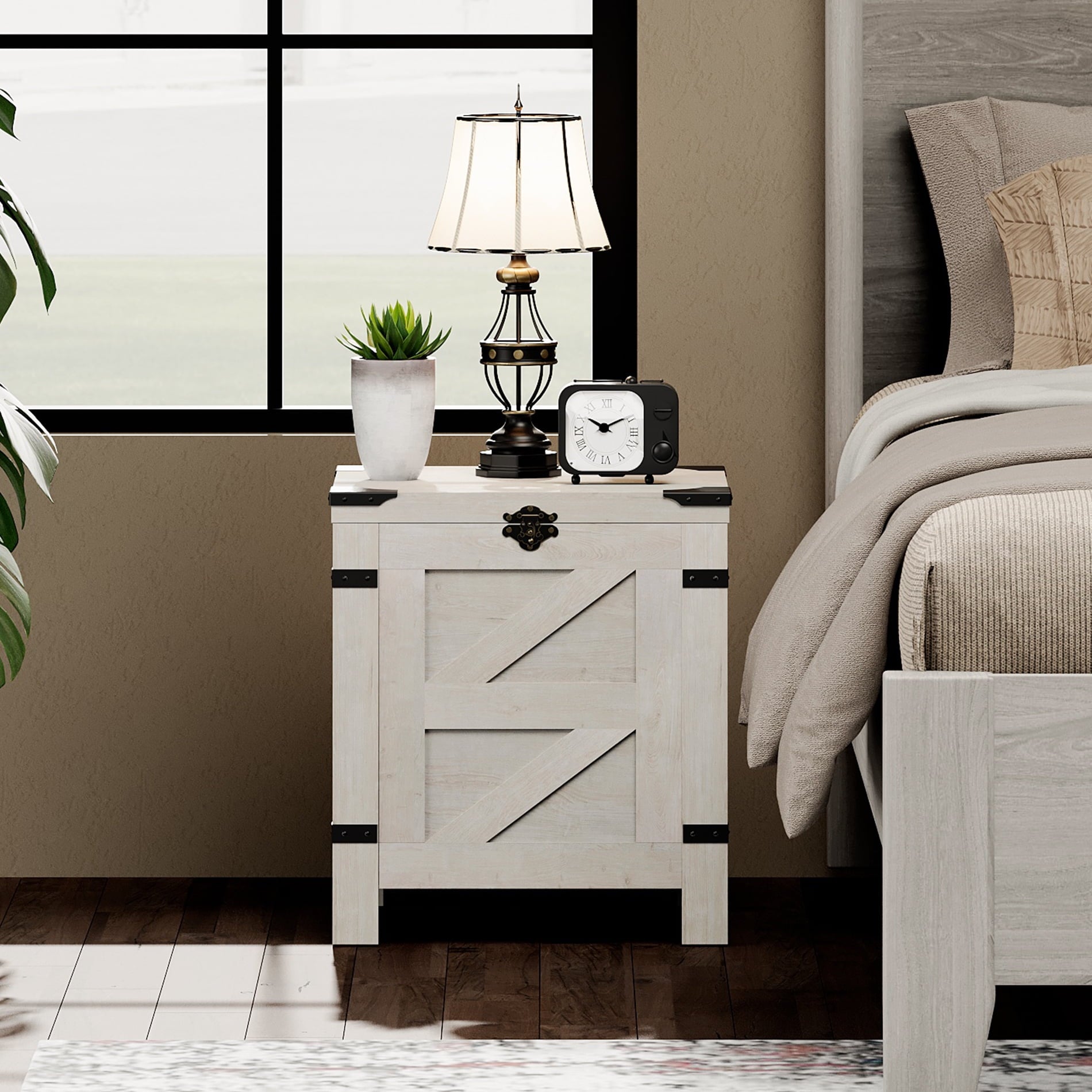 WAMPAT Lift Top End Table,Nightstand with Rustic Lock and Storage Cabinet for Small Spaces,Side Table for Living Room and Bedroom, Antique White