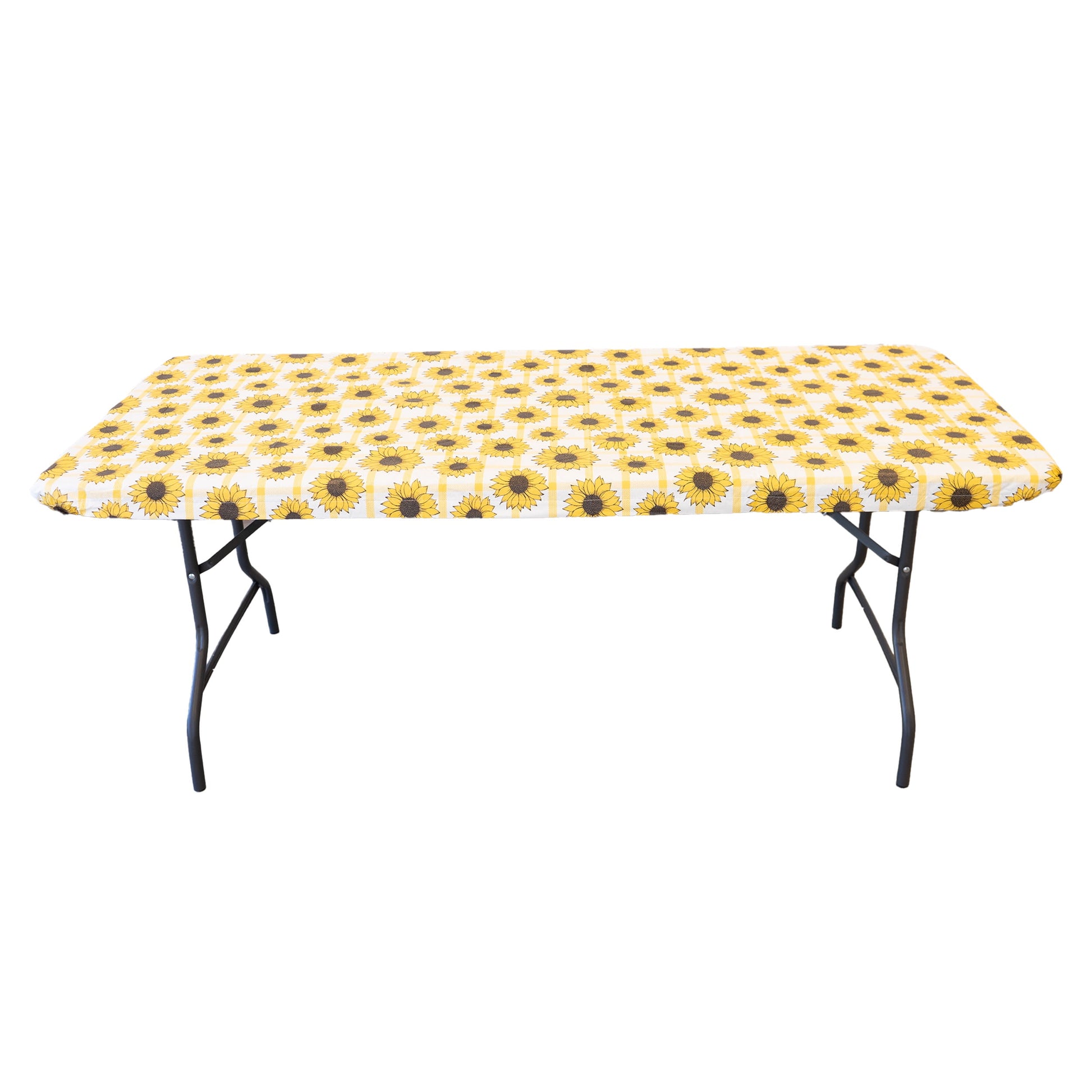 Waverly Inspirations Rectangular Elastic Fitted Table Cover Waterproof Vinyl Tablecloth With Flannel Backing, 6Ft Table, 72" x 30", Sunflower Check, 4 PK
