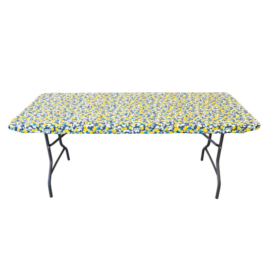 Waverly Inspirations Rectangular Elastic Fitted Table Cover Waterproof Vinyl Tablecloth With Flannel Backing, 6Ft Table, 72" x 30", Lemon Tree, 4 PK