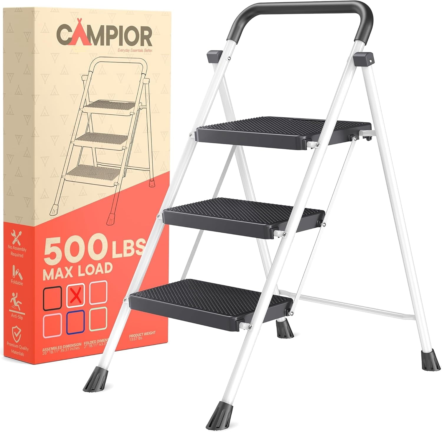 White 3 Step Stool Foldable â€“ Heavy-Duty Foldable Step Stool, 500 lbs Capacity, Anti-Slip Feet & Wide Steps, Sturdy Steel Frame, Lightweight & Space-Saving Design for Home, Kitchen & Garage
