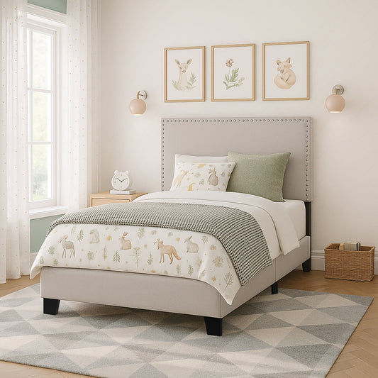 Willow Nailhead Trim Upholstered Twin Bed, Fog