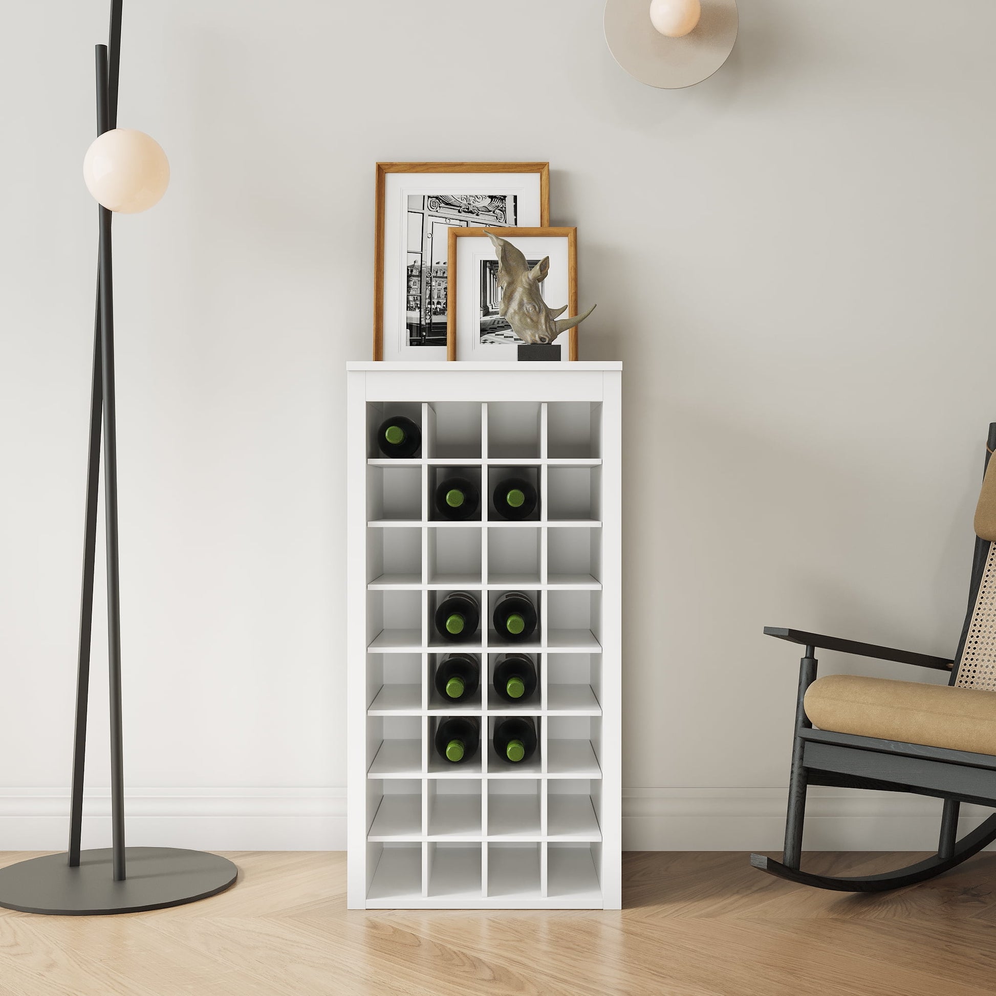 Wine Bar Cabinet with 32 Bottle Storage, Modular Buffet Cabinet or Wine Storage for Dining Room, Brown Walnut Finish, Simple Straight Line Design