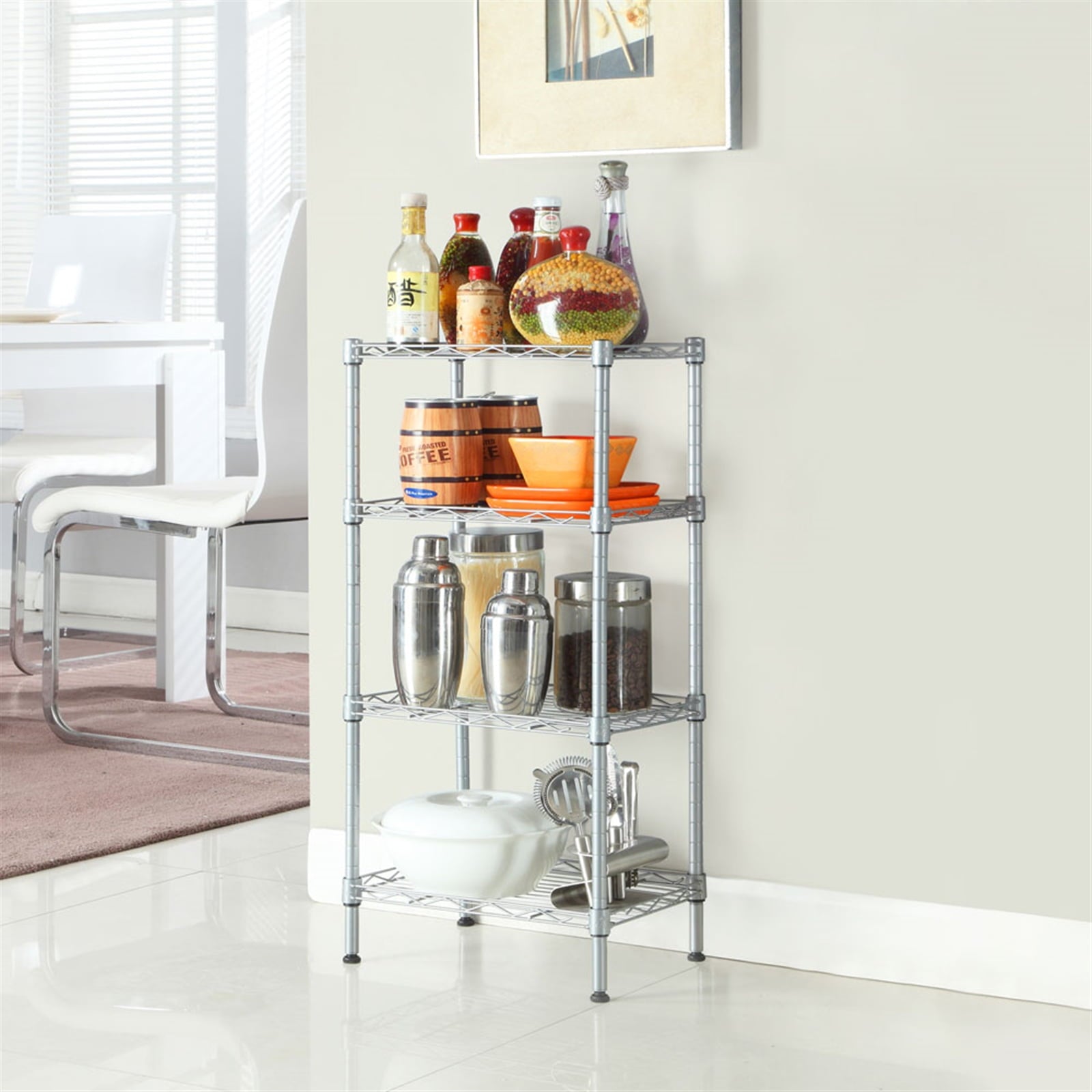 XM-207S Rectangle Carbon Steel Metal Assembly 4-Shelf Storage Rack Silver Gray