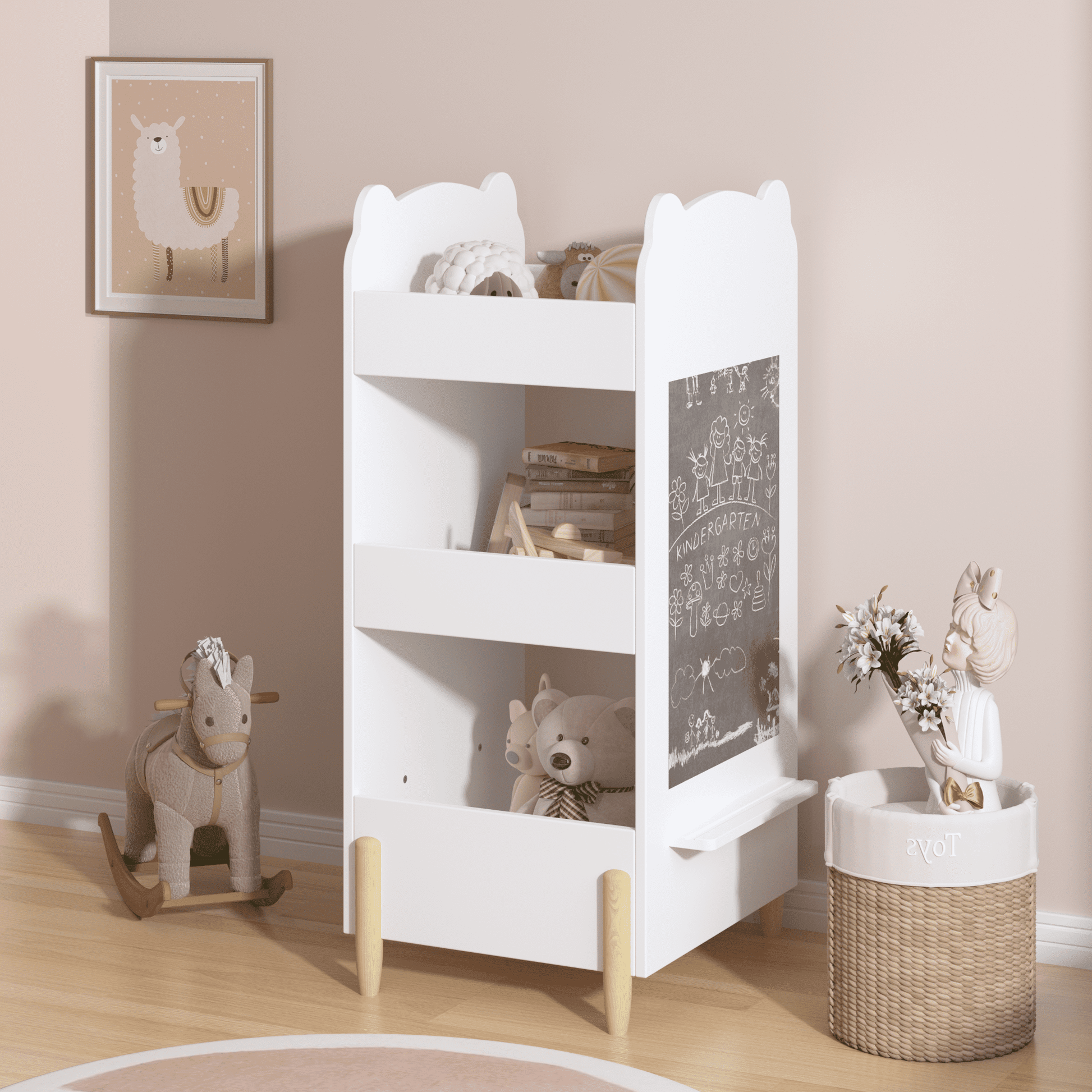 Yoneston 3-Tier Kids Bookshelf with Chalkboard Side, Cute Bear-Shaped Wooden Bookcase Toys Organizer for Toddlers Kids Playroom Bedroom, White