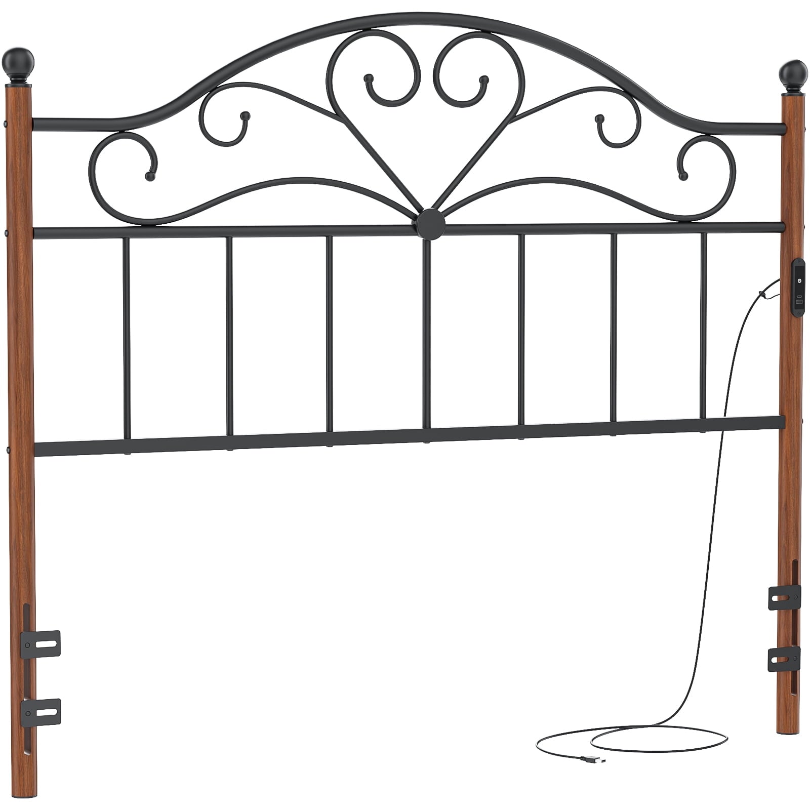 Yoneston Vintage Metal Full Headboard with Charging and 3-Level Height Adjustment for Full Adult Teens Bed, Black