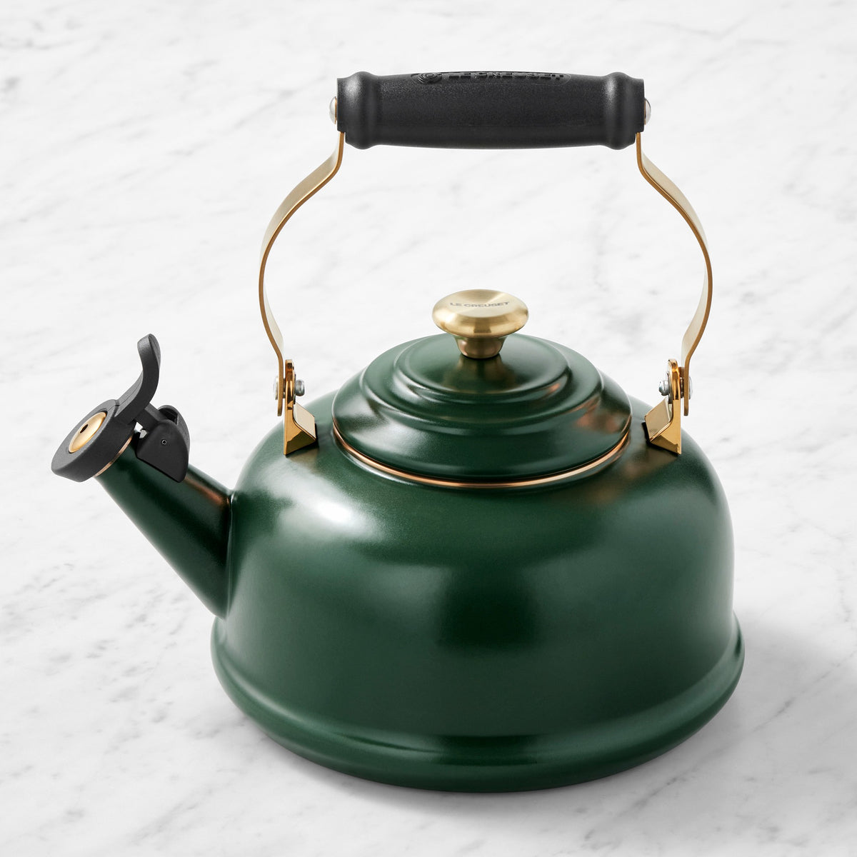 Le Creuset Classic Whistling Tea Kettle,Foret with Gold Accents,