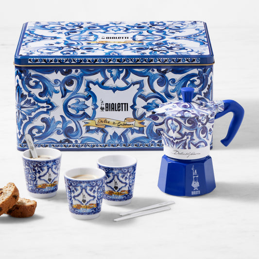 Bialetti Moka Dolce & Gabbana 3-Cup + 3 Espresso Cups & Stirrers Gift Set, Blu Mediterraneo,,WSNOADS