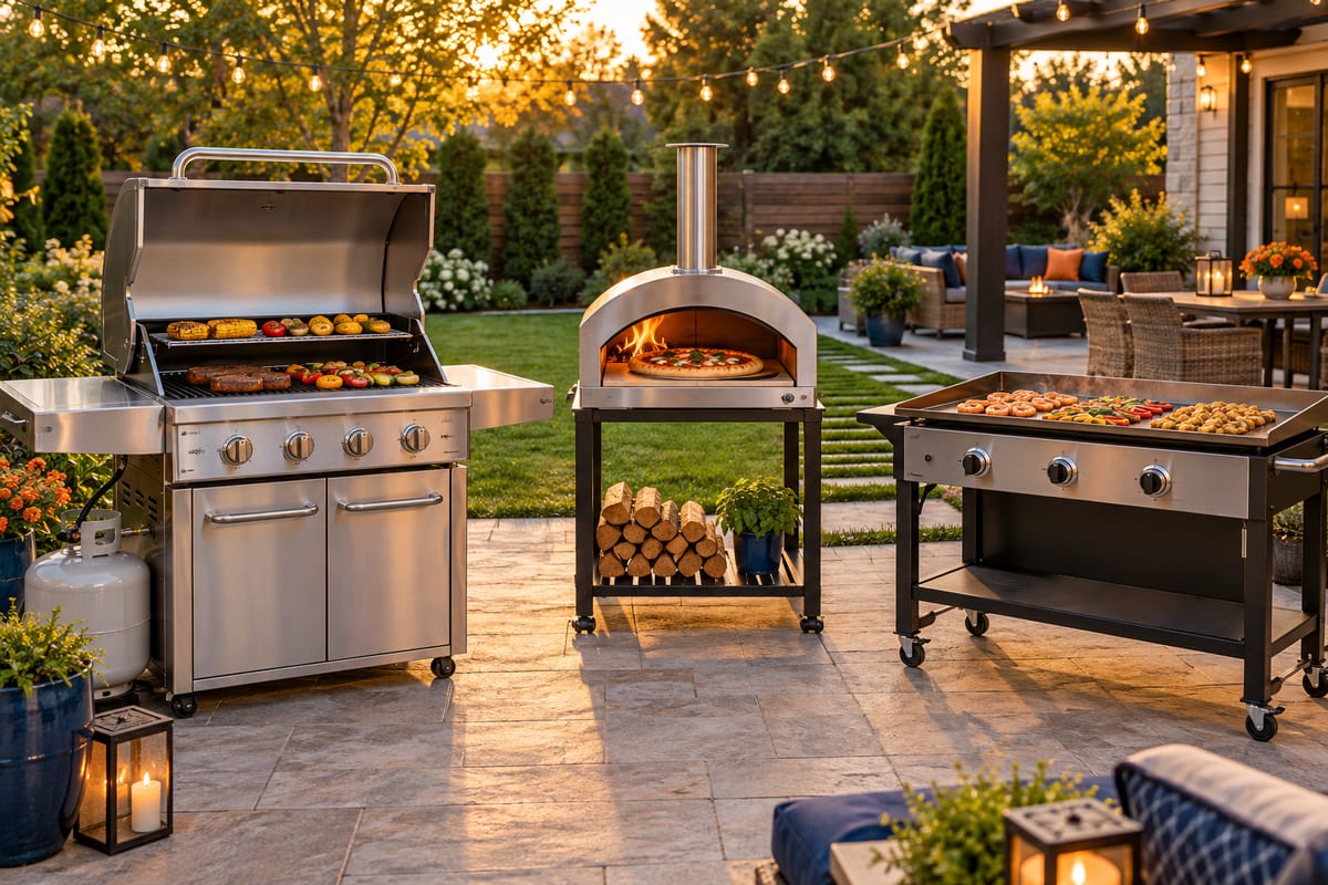 Gas grill, pizza oven and griddle on a patio