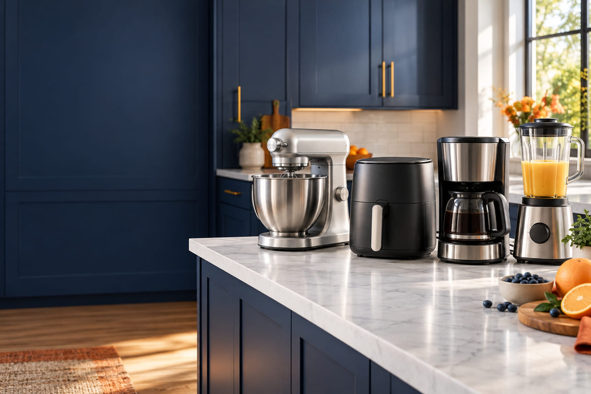 Modern kitchen counter with a stand mixer, air fryer, coffee maker and blender