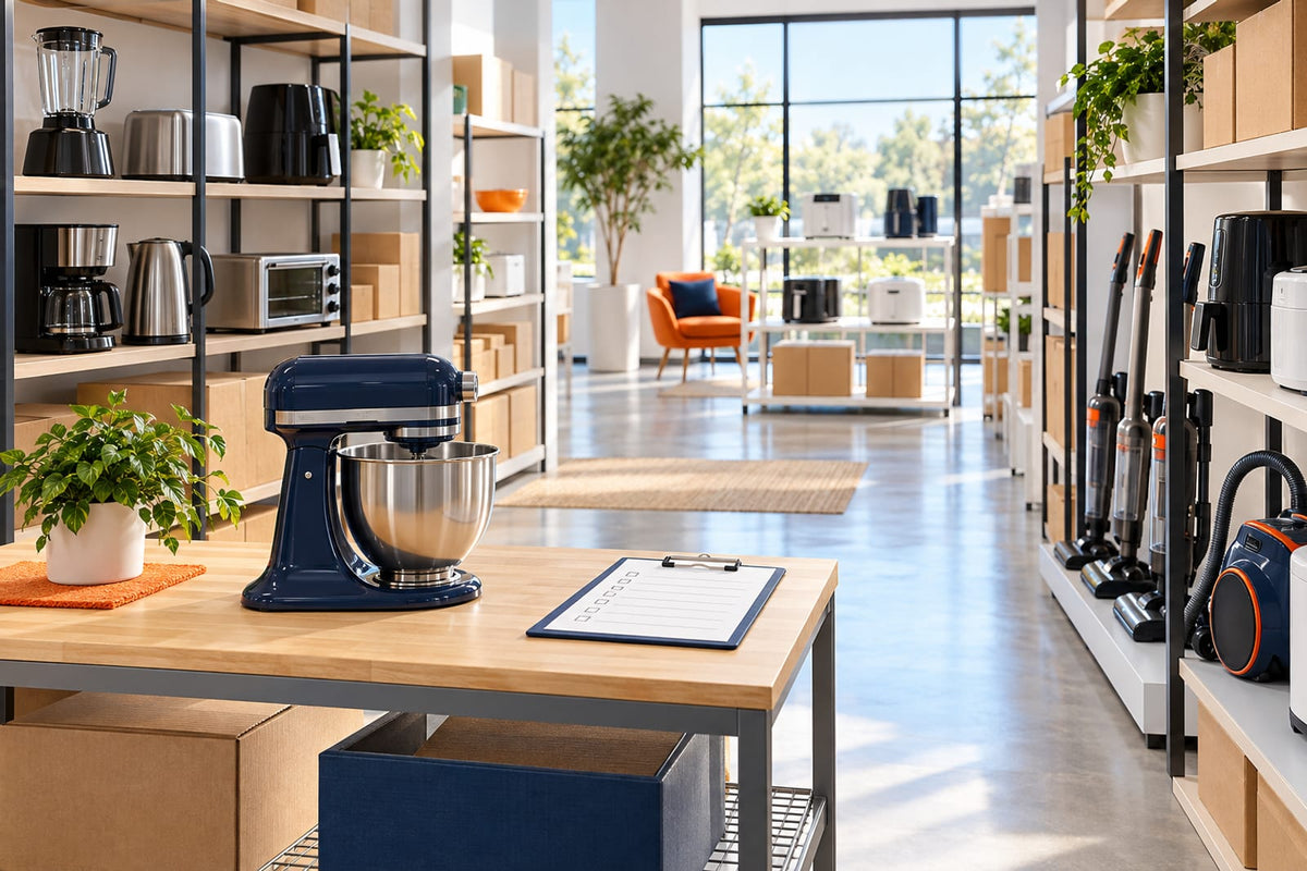 Organized appliance stockroom with an inspection table